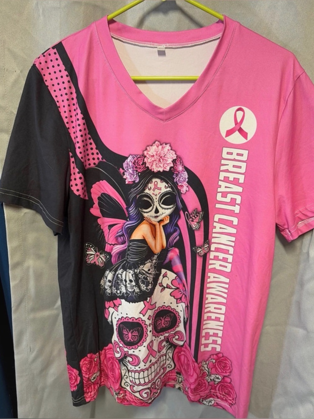 Breast Cancer Awareness Pink Graphic Tee with Sugar Skull Design